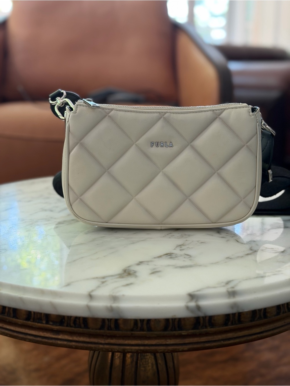 Furla Quilted Shoulder/Crossbody Bag in Distressed White with Black Strap